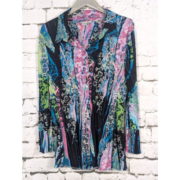 ALBERTO MAKALI Signature Crinkle Shirt Artsy Boho Hippie Psychedelic Mesh Medium - Picture 1 of 6